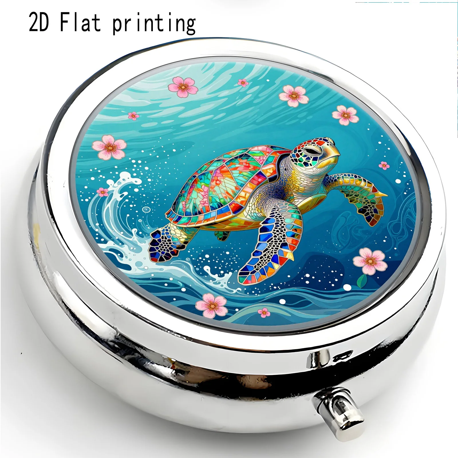 Single-piece, flat-printed, with colorful ocean-themed patterns, or a wallet-sized storage box, decorative three-compartment organizer for vitamins and accessories, ideal for organizing daily vitamins or medication, a unique travel companion, flat design