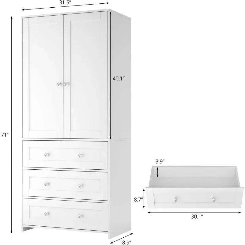 Armoire Wardrobe Closet with 3 Drawers and Mirror, 71