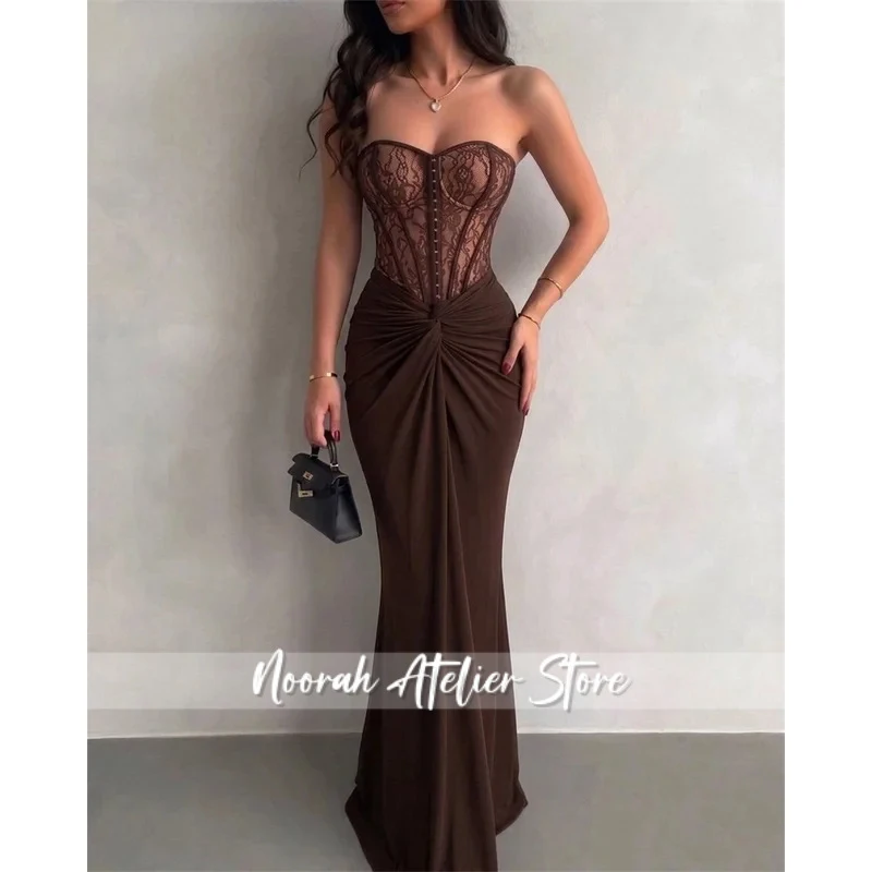 Customized Brown Strapless Lace Corset Mermaid Maxi Dress Front Twist Ruched Skirt Floor Length Formal Evening Party Gown