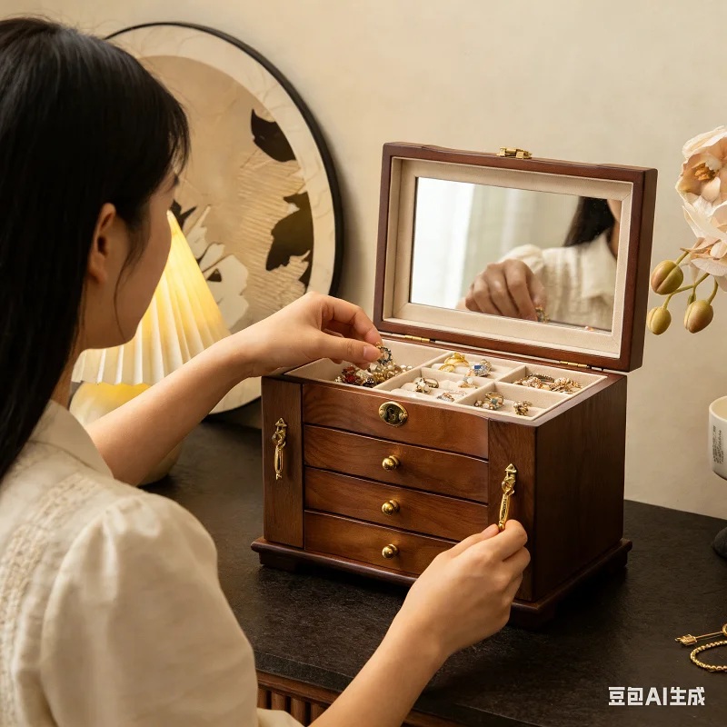 High-end and Exquisite Solid Wood Jewelry Box with Lock,featuring Retro Chinese Style for Storing Gold Jewelry, Wedding Gifts