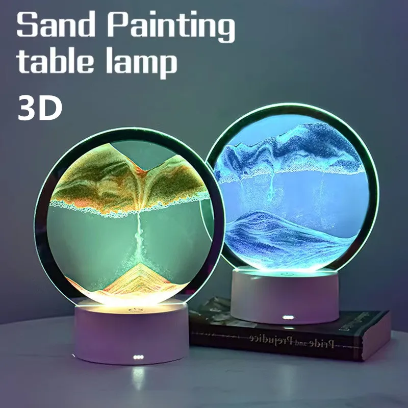 3D Flowing Sand Painting Night Light Atmosphere Light Landscape Hourglass Decompression Flowing Sand Ornament Desk Lamp Gift