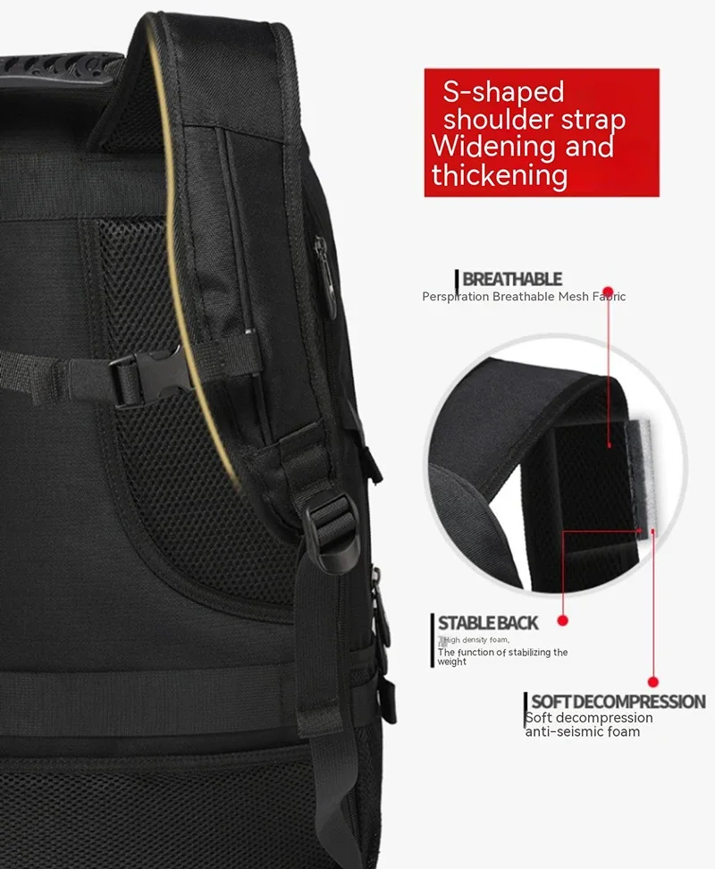 50L Großer Reiserucksack für Herren mit Separatem Schuhfach, Business-Tasche, Outdoor-Sport, Wasserdichter Schwarzer Aufbewahrungsrucksack – Detail 10