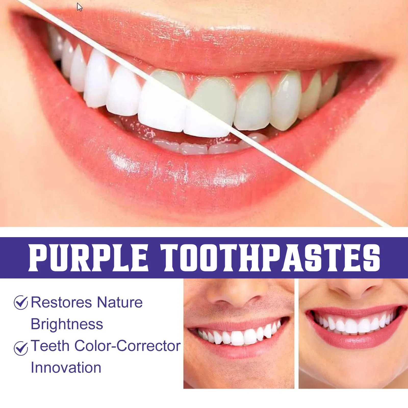 Pasta de dientes púrpura, Corrector blanqueador de dientes, elimina las manchas de placa dental, Reduce el brillo del aliento fresco amarillo,