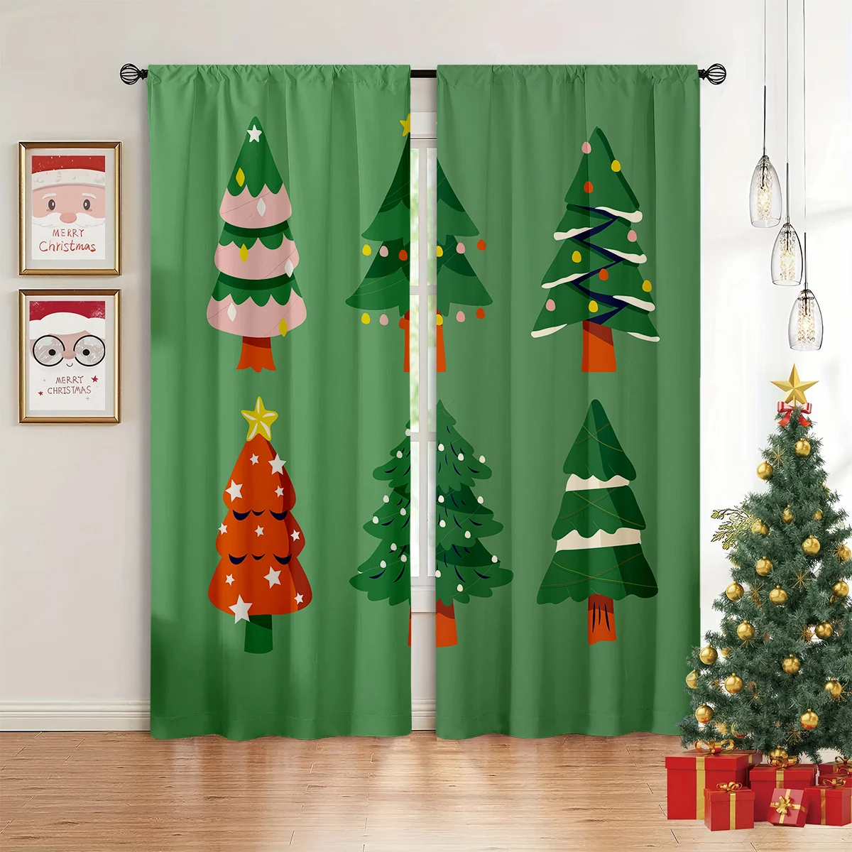 2pcs Vintage Green Christmas Tree Print Curtains, 100% Polyester – Festive Decor For Bedrooms, Dining Rooms, And Parties