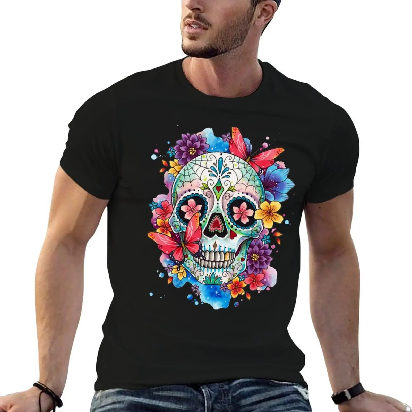 

Sugar Skull and Butterflies T-Shirt man t shirt cotton man t shirt summer man t shirts high quality luxury brand T-Shirt
