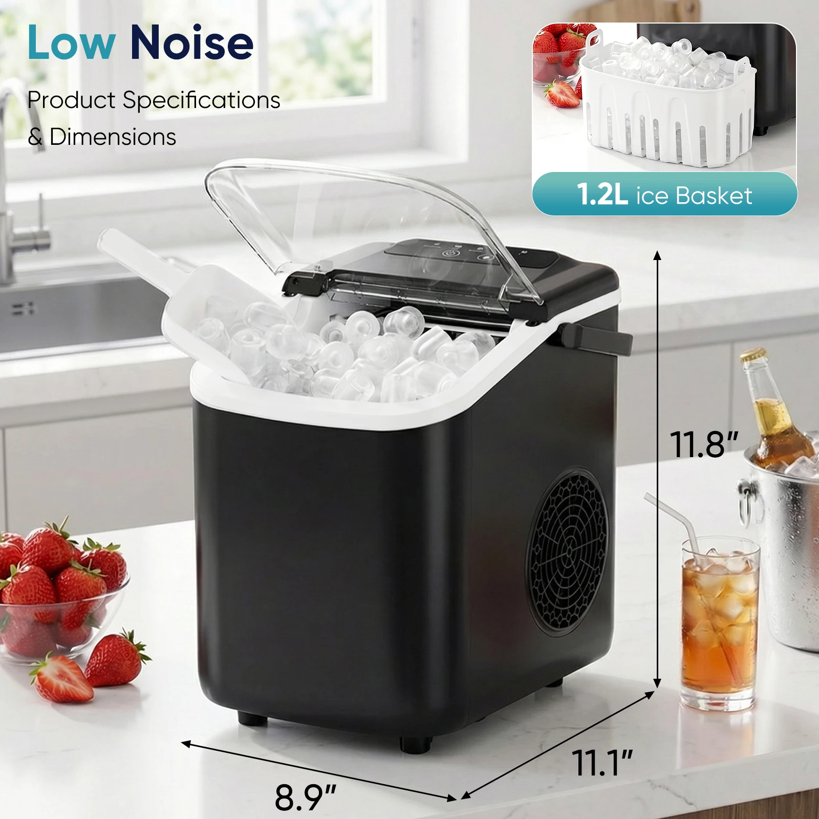Countertop Ice Maker Low Noise, 9 Bullet Ice in 6-8 Min, 1.2L Ice Basket, Portable Compact Ice Machine with Scoop & Handle, Home Kitchen RV, Mint Green