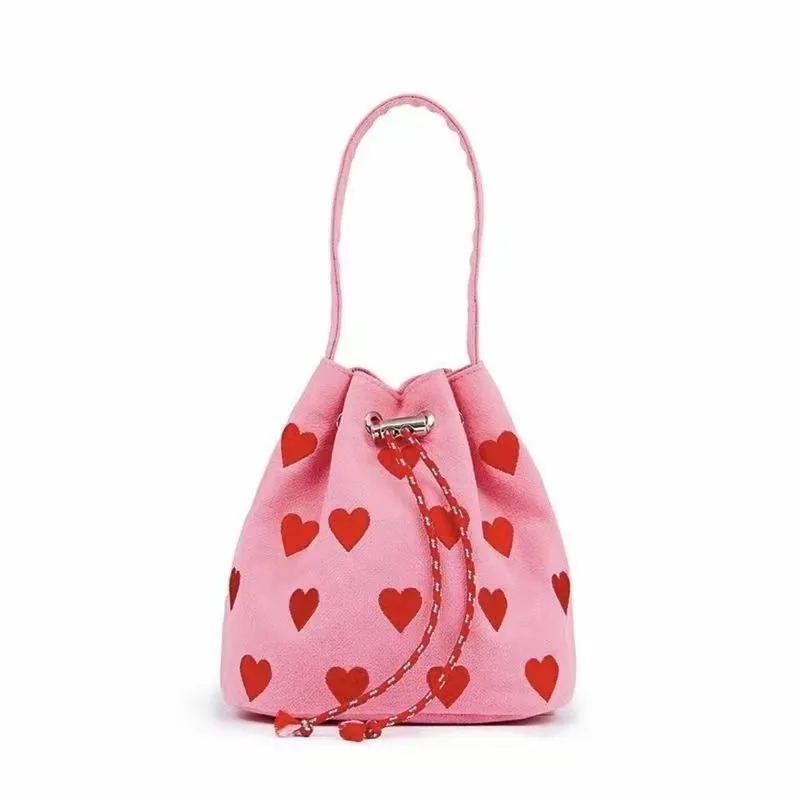 Xiuya Pink Handbags for Women Small Cute Hello Kitty Fashion Casual Shoulder Bag Kawaii Heart Embroidery Female New Bucket Bag