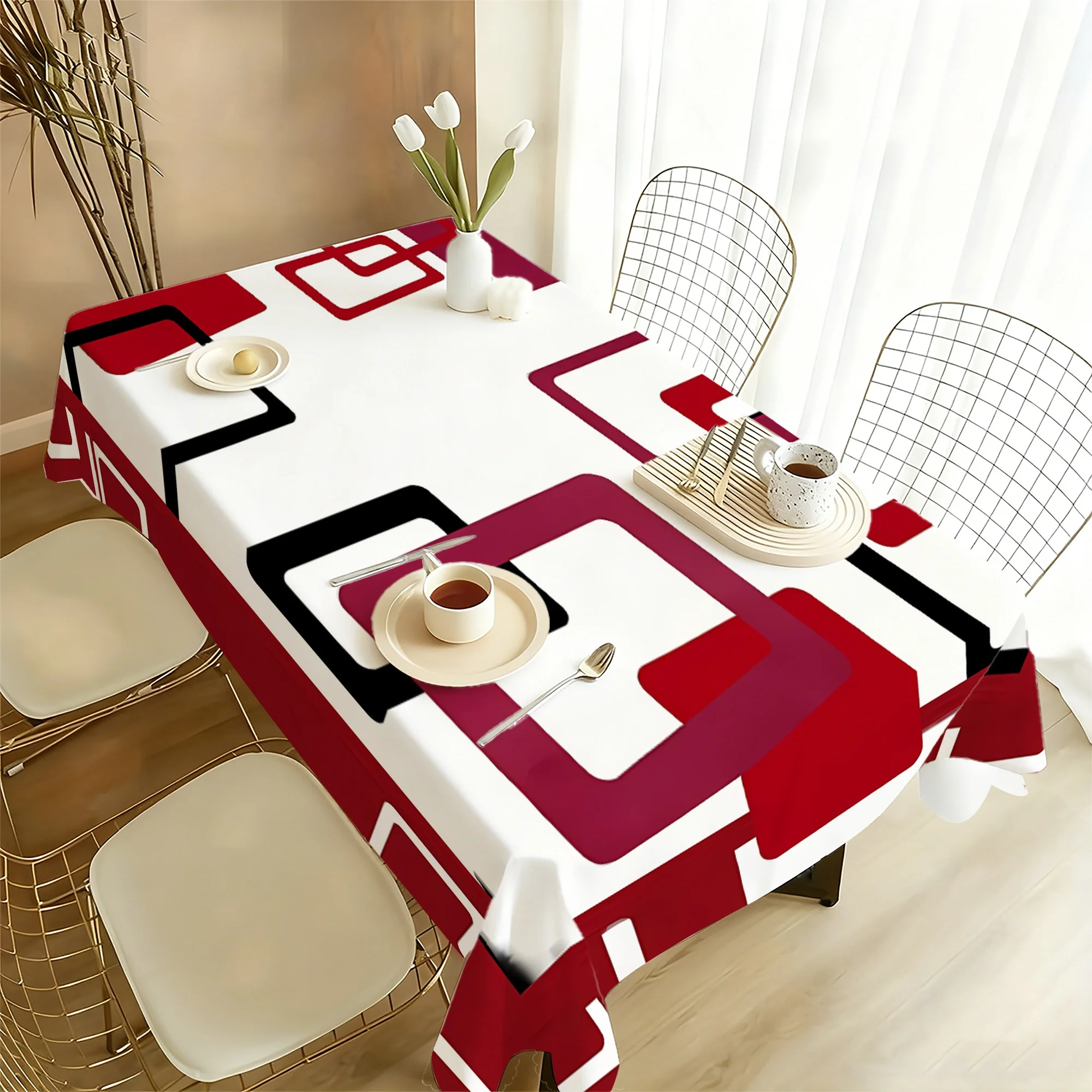 1 piece of Nordic minimalist red, white and black tablecloth, with low-saturation contrasting color square frame design, yzb