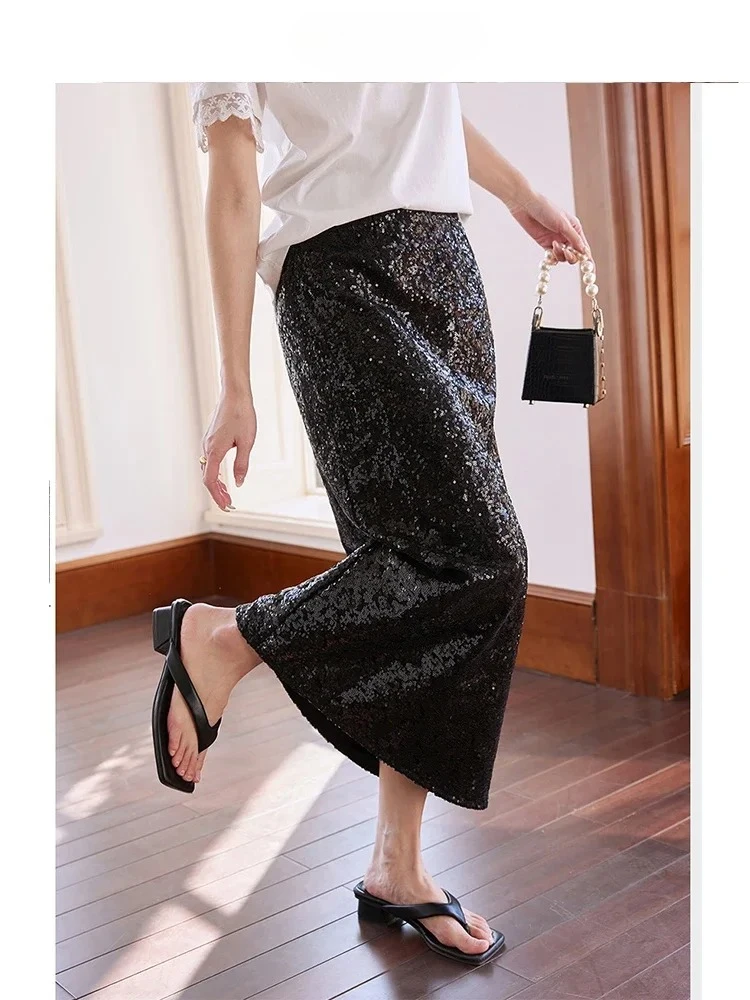 

Miflame Women Ofiice Lady Sequin Design Black Long Skirts 2025 Spring Simple Elegant High Waist Hip Covering Straight Skirt A071