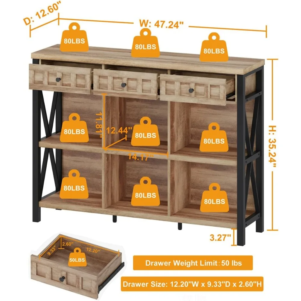 Rustic 6 Cube Bookcase with 3 Drawers, Long Horizontal Bookshelf with Storage, Low Cubby Organizer Shelf (Rustic Oak, 47