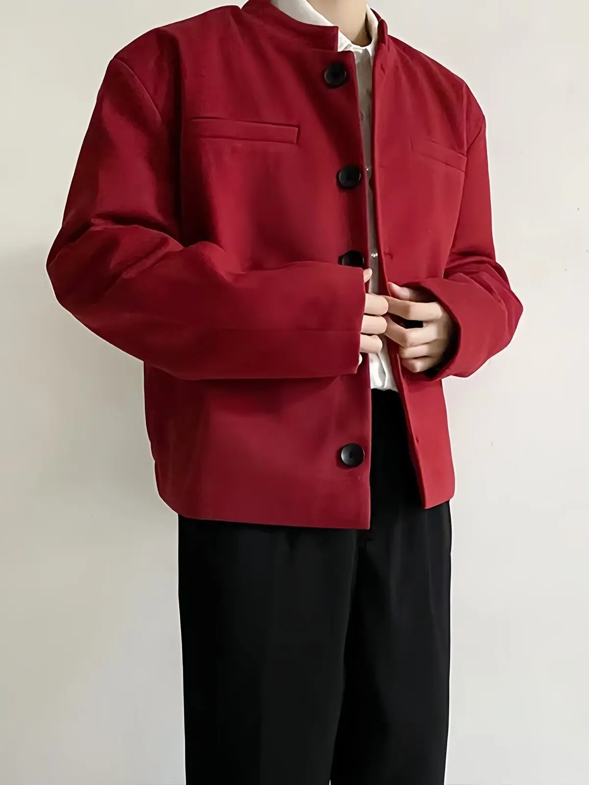 

Red Wine Color Pad Shoulder Stand Collar Short Men's Suit Jacket 2025 Spring Autumn Loose Slim Fit Casual Single-Breasted Coat