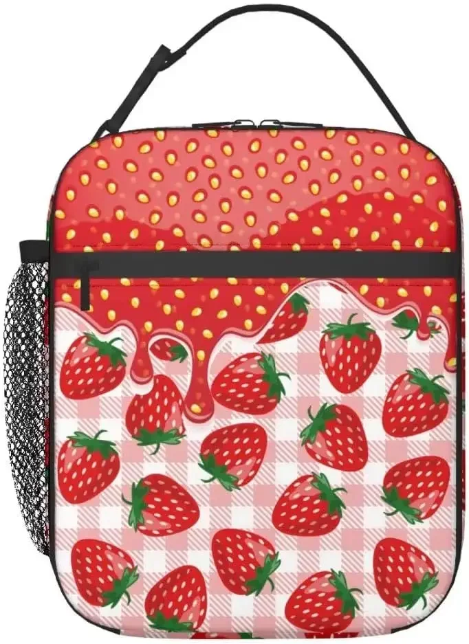 Strawberry Pink Plaid Reusable Lunch Bag, 8 x 4  10 inches