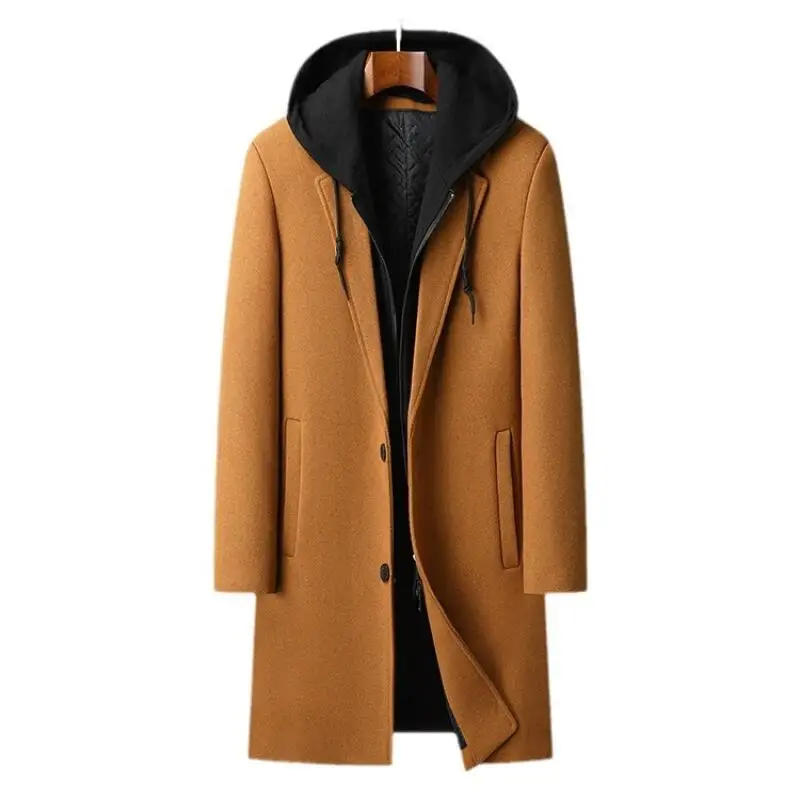 Autumn Winter Men's Woolen Overcoat Hat Detachable Business Casual Wool Coats Male Hooded Long Outwear Solid Chic Trench Jackets