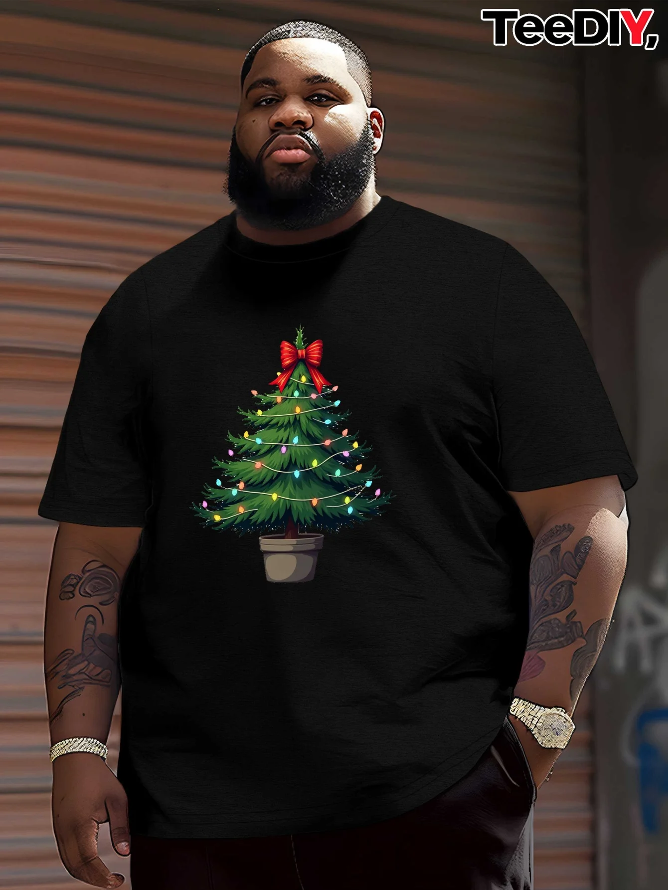 Men's Summer Xmas Tee - Potted Tree/String Lights, Moisture-Wicking Quick-Dry Fabric, Breathable Crewneck Bow/Snowflake Patterns