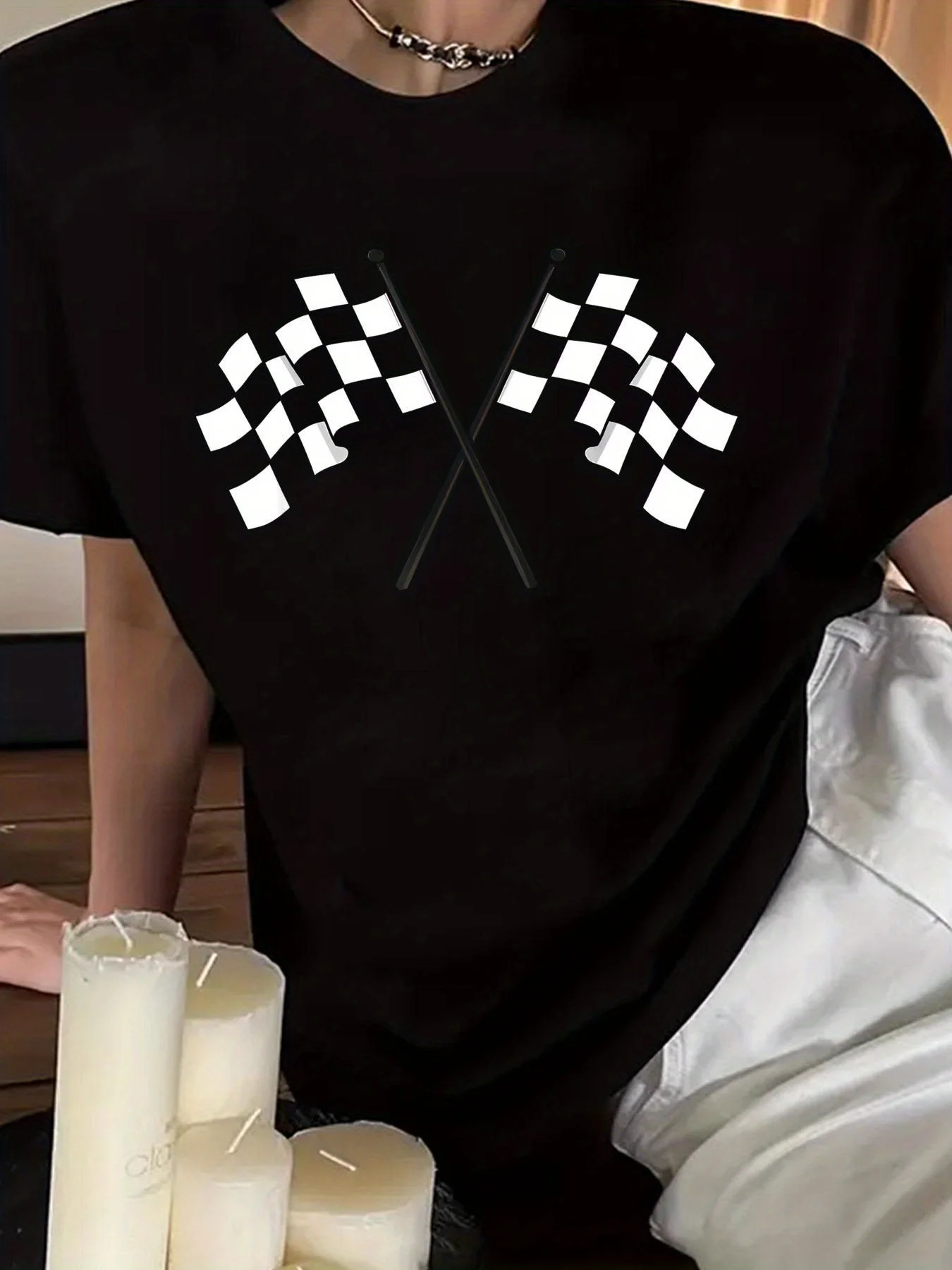 Checkered Flag Racing T-Shirt Print Round Neck Short Sleeve T-Shirt for Women Casual, Summer, Women Top Graphic Tees Women Tops