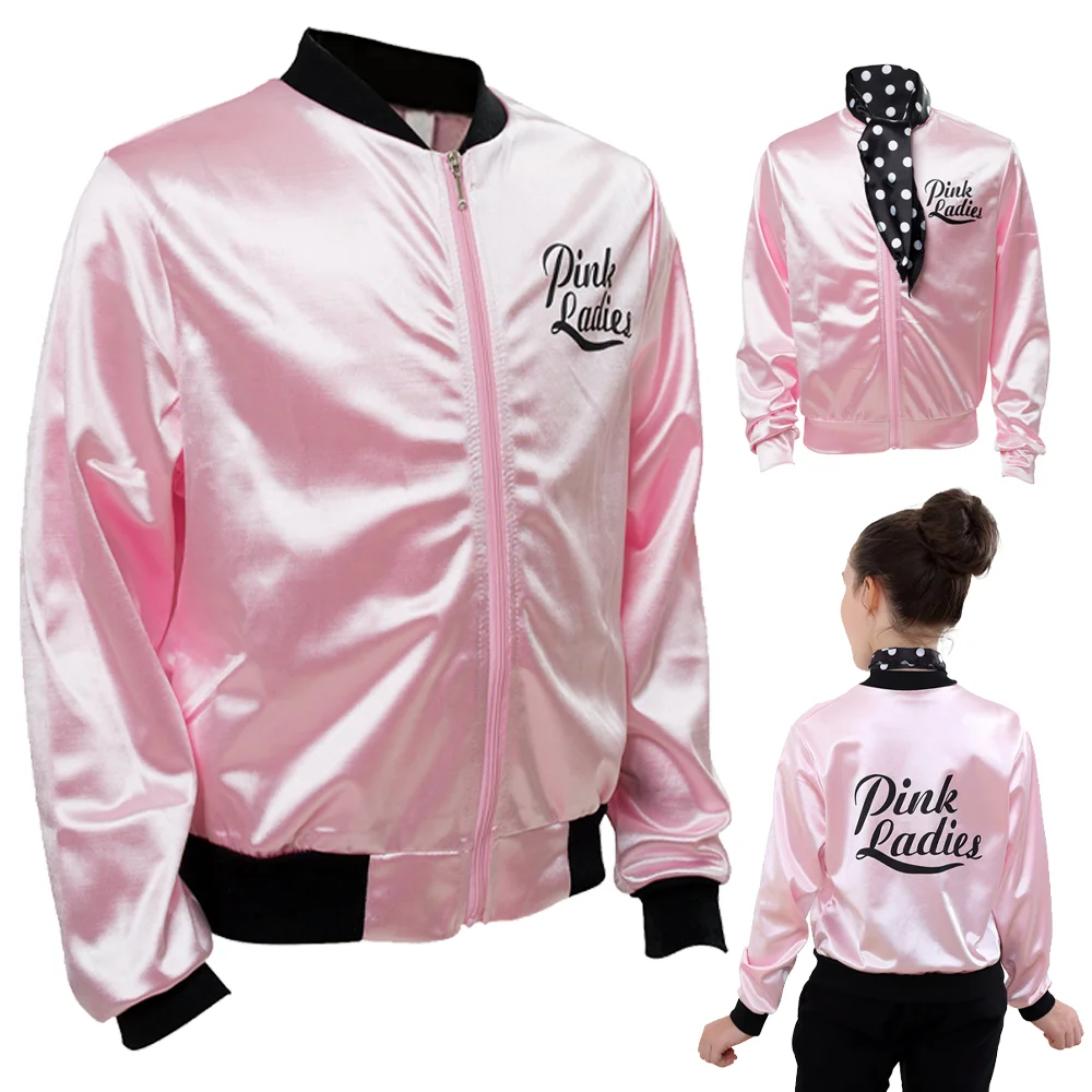 Disfraz de Cosplay de Chicas Rosadas de Grease, Estilo Retro de Animadora, Chaqueta Rosa de Otoño, Disfraz de Halloween para Niñas