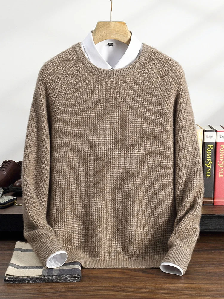 Autumn Winter 100% Cashmere Pulllover Sweater Men's O-neck Smart Casual Soild Thick Basic Kintted Raglan Sleeve Tops High-end