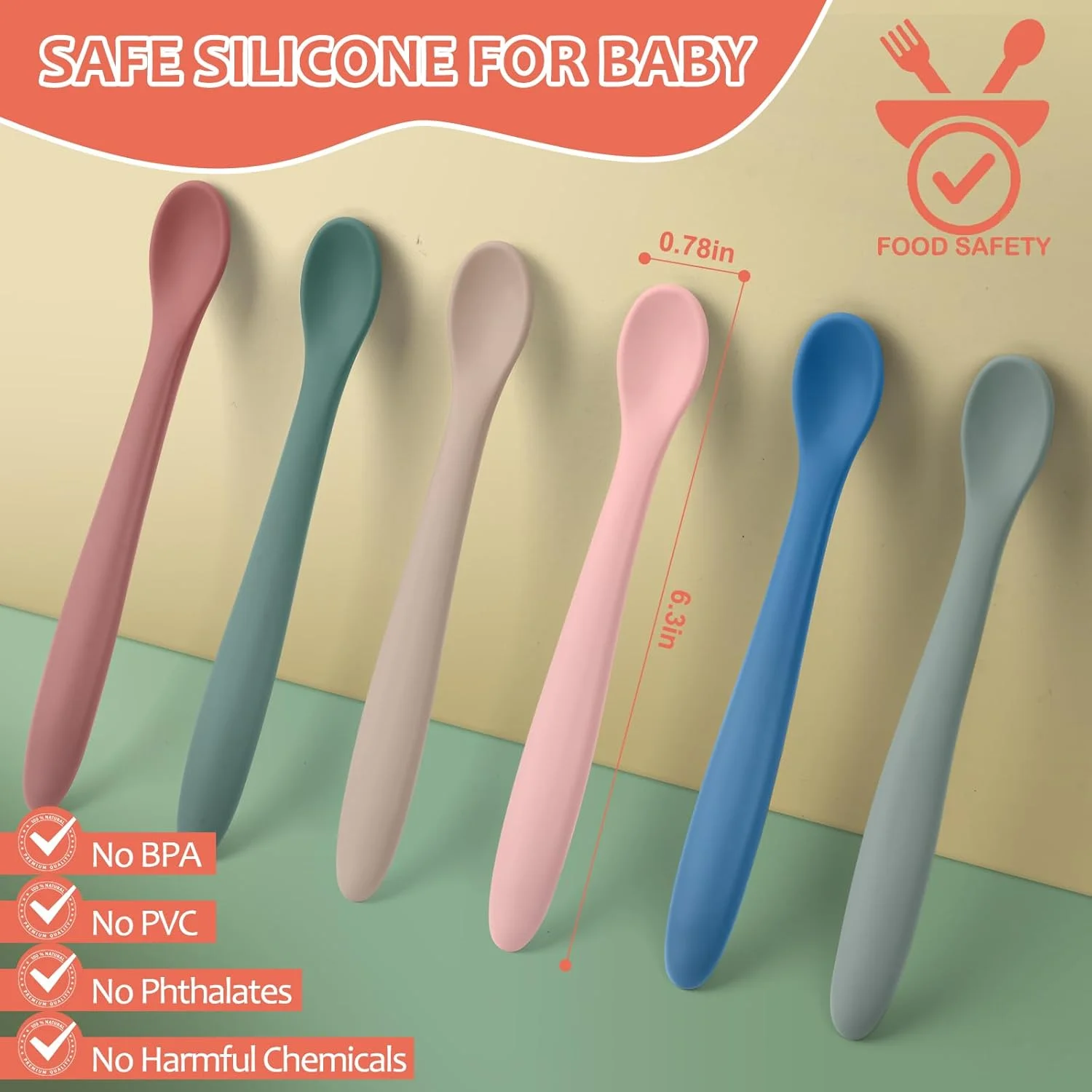 6-Piece Silicone Baby Feeding Spoons for First Stage Infant, Soft-Tip Easy on Gums I Training Spoon Self | Baby Utensils Feeding