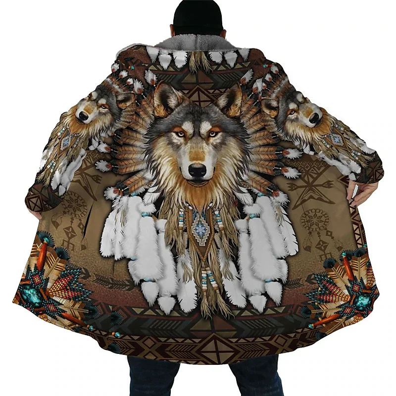 Lobo 3D dos homens estampa casaco de inverno quente grosso, capuz com zíper, casaco masculino, capa robe, sobretudo, parkas, cobertor, novo, 2024