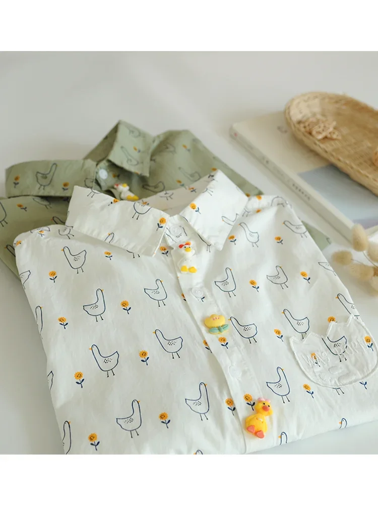 Unique Full Cartoon Little Chicken And Duck Print Kawaii Buttons Japanese Style Shirt Women  Blouse 2024 Autumn