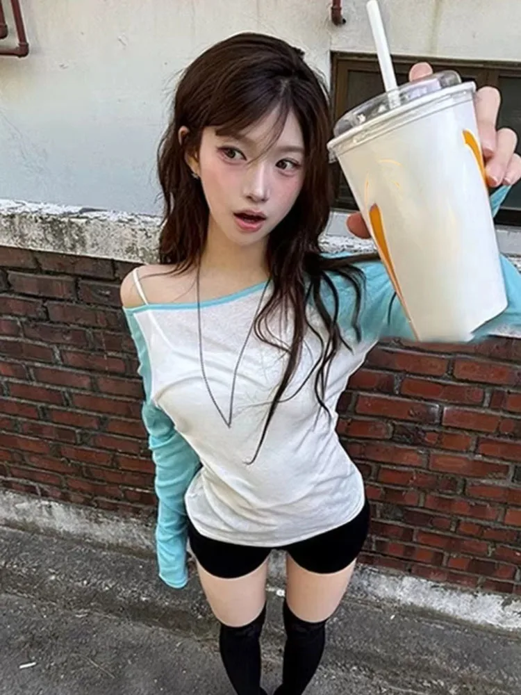 Y2k Aesthetic Sexy Women Skew Collar Tshirts Streetwear Grunge Patchwork Slim Fit T-shirt Harajuku Sun Protection Vintage Tops