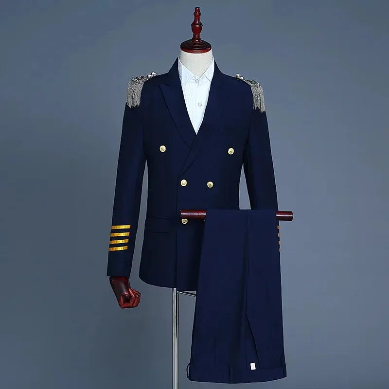 Lili 123Capitán Marino oficial marinero Peacoat disfraz chaqueta para hombre traje militar flecos banda de marcha M7939HQP chaqueta uniforme para A