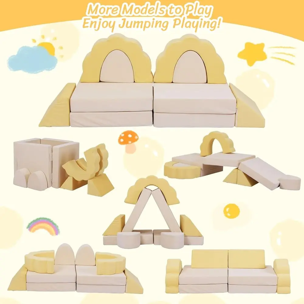 طقم أريكة للأطفال الصغار مكون من 10 قطع، أريكة إسفنجية متعددة الوظائف لغرفة اللعب بحجم متوسط، أصفر وبيج #3