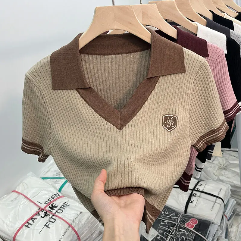Nice Spring Summer Preppy Style Patchwork Knitting Turn-down Collar Short Sleeve T-Shirts Female Korean Elasticity Top Tee Women