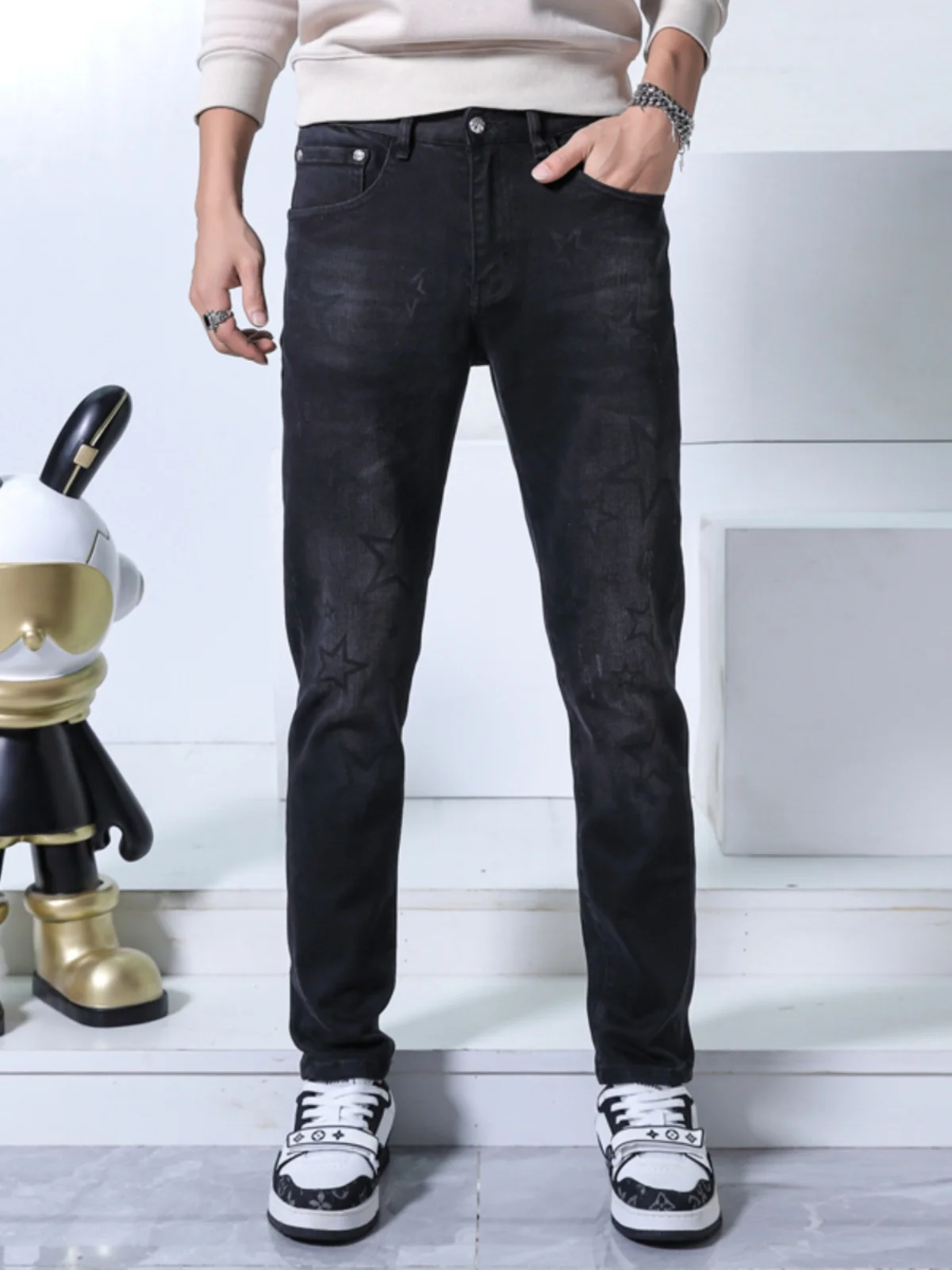 

Autumn Winter Men's Stretchy Slim Fit Jeans Star Print Casual Bla Versatile Long Pants Heat Transfer Printing Cotton Stretc...