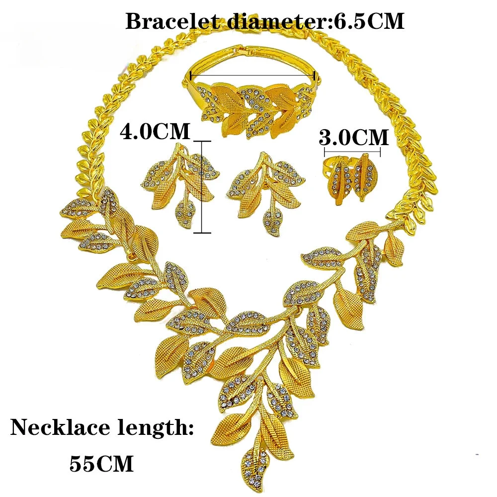 Luxury Dubai Jewelry Set For Women Charm Leaf Necklace Earrings Wedding Party African Set Gold Color Accessories