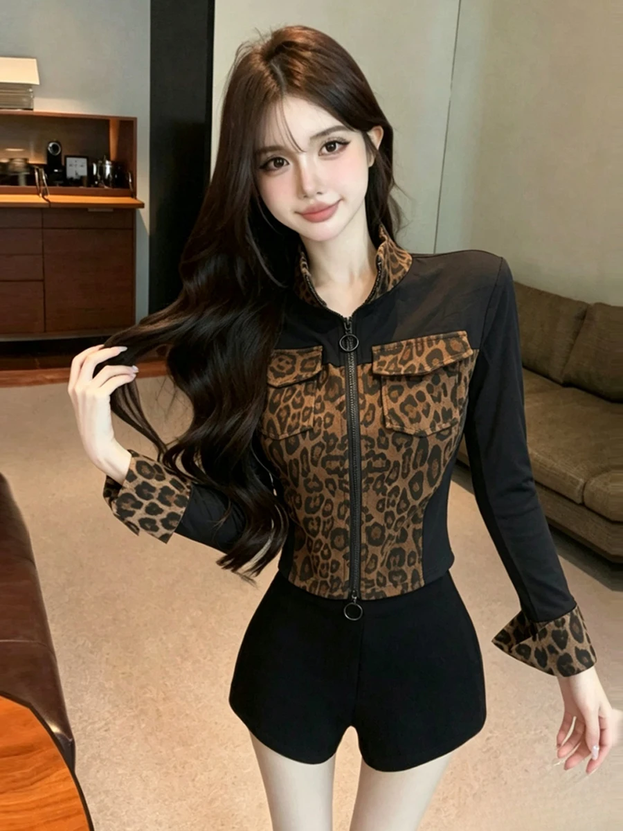 Retro Sweet Little Stand Collar Splice Slit Leopard Print Slim Fit Fake Two-Piece Irregular Spicy Girl Open Cardigan Women