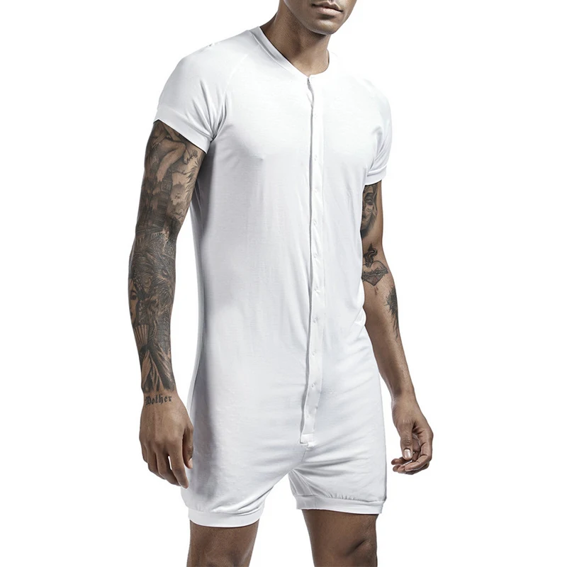 Summer Soft Breathable Jumpsuits Men Pajama Sexy Slim Fit Short Sleeve Solid Color Bodysuits For Mens Sleepwear Summer Playsuits