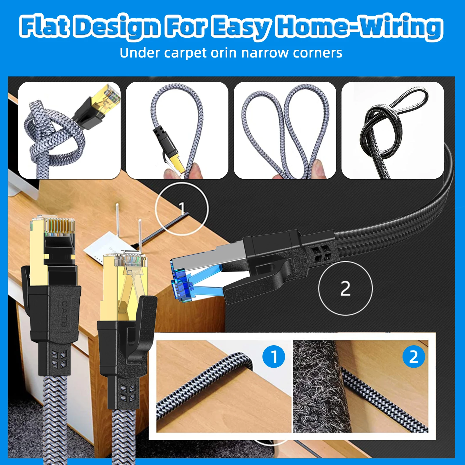 Cat8 Ethernet Cable Nylon Braided High Speed Heavy Duty Network LAN Patch Cord 40Gbps 2000Mhz RJ45 Cable for Modem Router Gaming