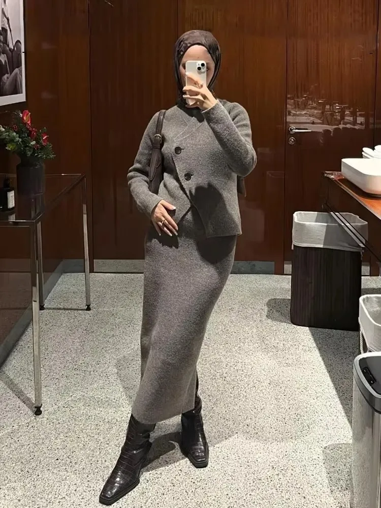 Knitted Cardigan Two Pieces Skirt Sets For Woman 2024 New Autumn Winter Fashion Grey Coats+Mini Skirts Sets Elegant Chic Outfits