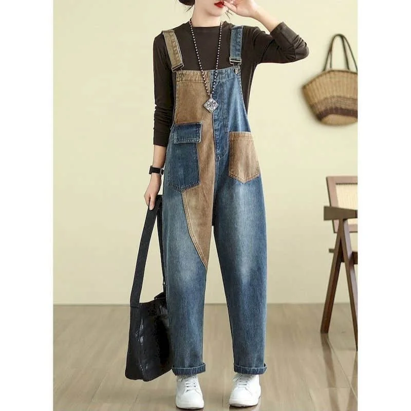 Denim-Overalls für Damen, koreanischer Stil, Vintage-Playsuits, lässige Kreuzhosen, lockere Hosen, übergroße Overalls für Damenkleidung