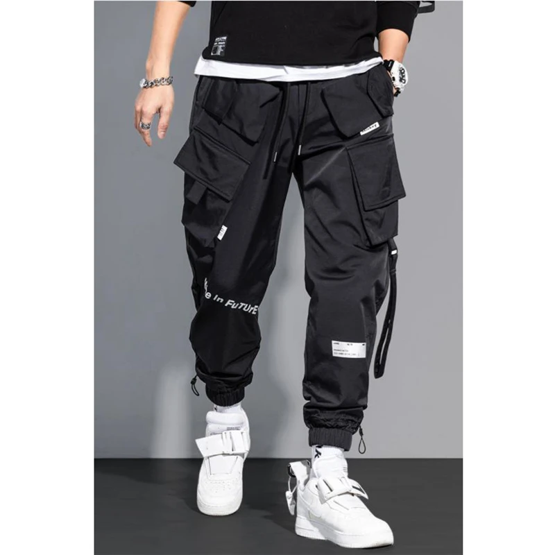 Thin Streetwear Casual Pants Men Ribbons Harem Jogging Pants Male Slim Fit Spring Cargo Pants Multi-Pockets Women Trouser K12