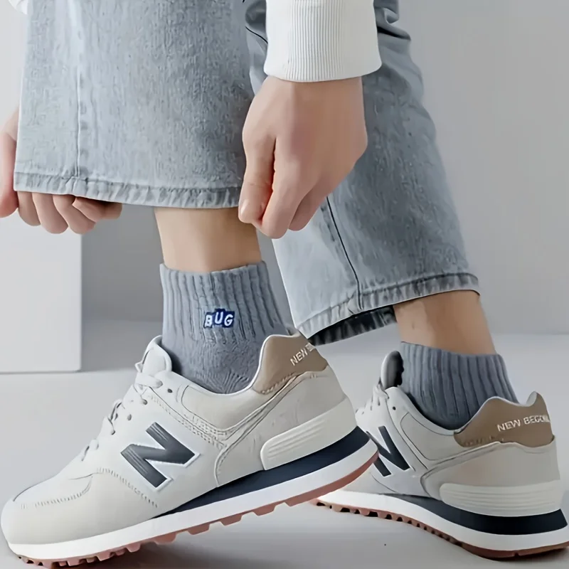 5-Pair Men's "BUG" Logo Breathable Invisible Socks-Elastic Ribbed Pocket Boat Design for Spring/Summer Wear in Multi-Color Pack