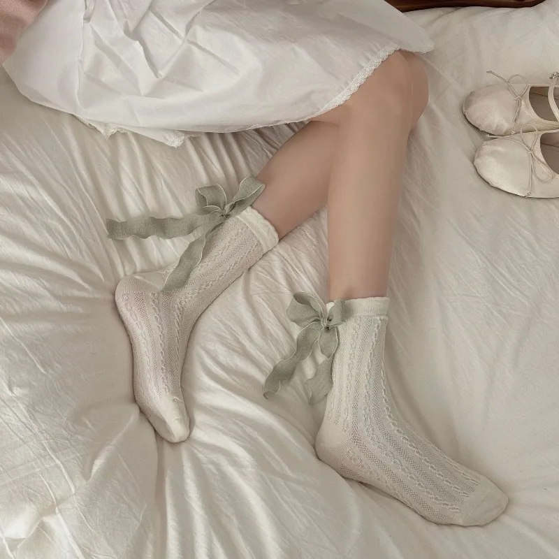 5 paires printemps mi-mollet Stocks avec nœuds de ruban respirant coton cheville chaussettes chaudes pour les femmes automne Coquette chaussettes de haute qualité