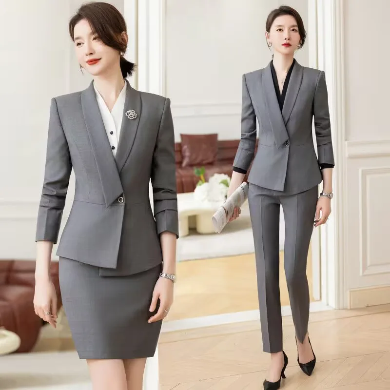 Fashion Wine Red Navy Blue Black Gray Solid Women Pant Suit Office Ladies 2 Piece Set Single Button Work Wear Blazer And Trouser