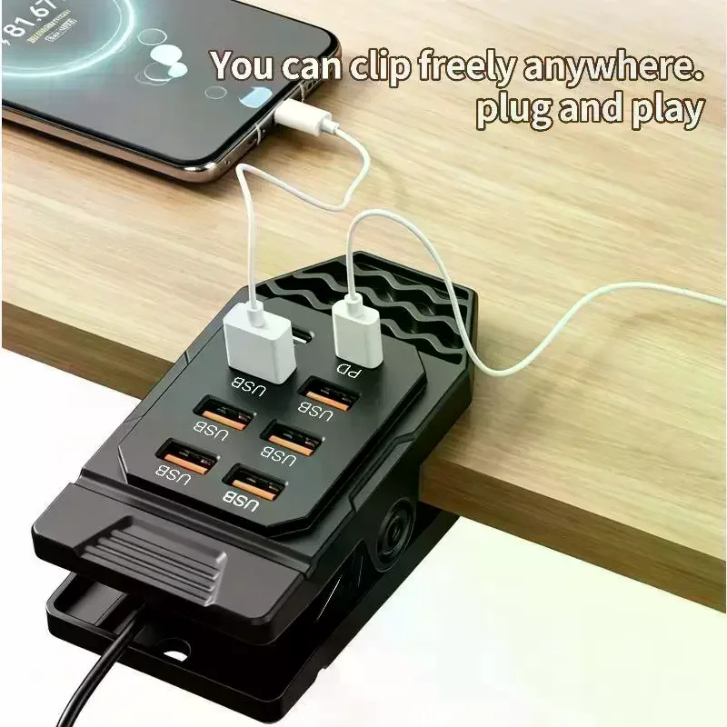 Clamp-Mounted USB Splitter 6 USB-A + 2 Type-C Ports USB-A Input with Independent Data Channel, Desk Clamp Power & Data Hub