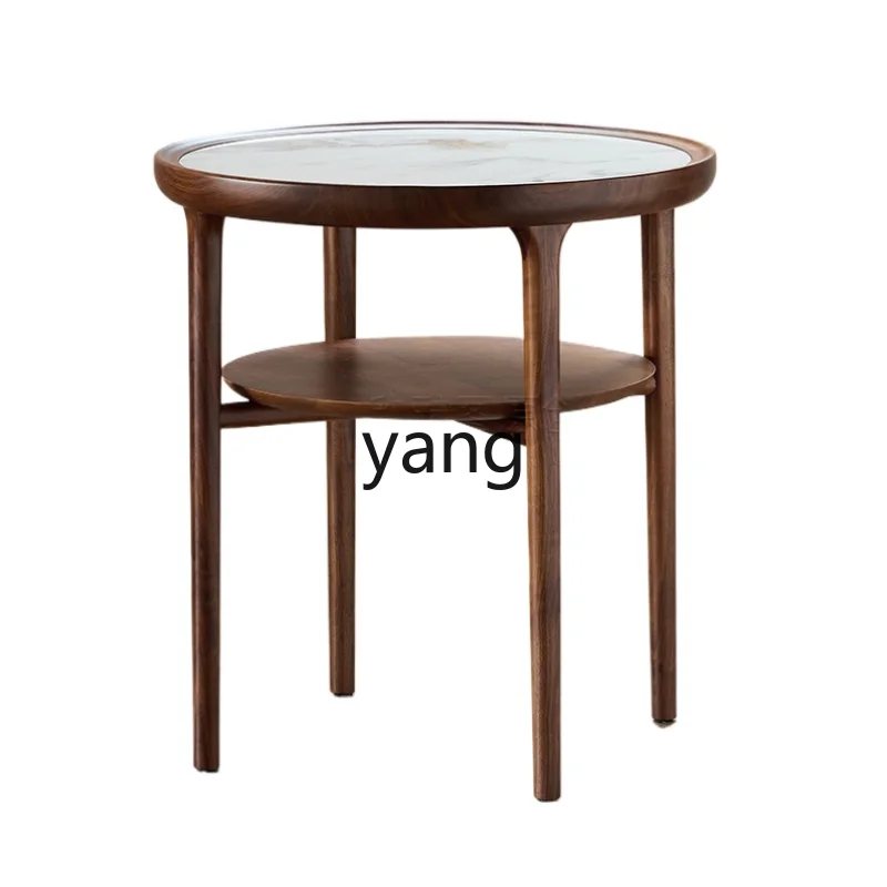 

Yjq Solid Wood Stone Plate Coffee Table Black Walnut round Home Living Room Small Tea Table