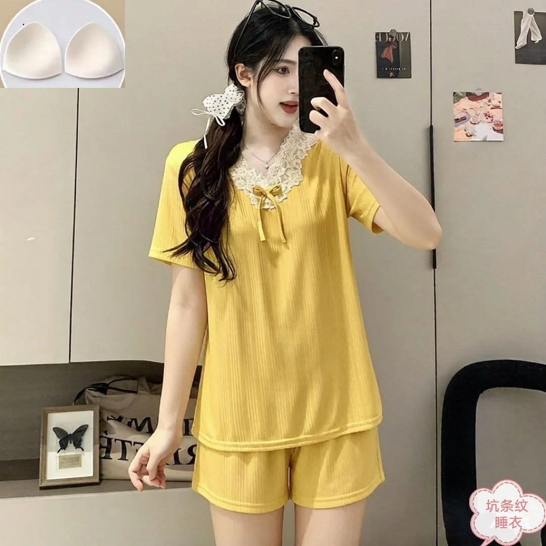 Women Ribbed Pajamas Set Summer Pijama Short Sleeve Shorts Lace V Neck Bow Sleepwear Soft Casual Loungewear Two Piece Pyjamas