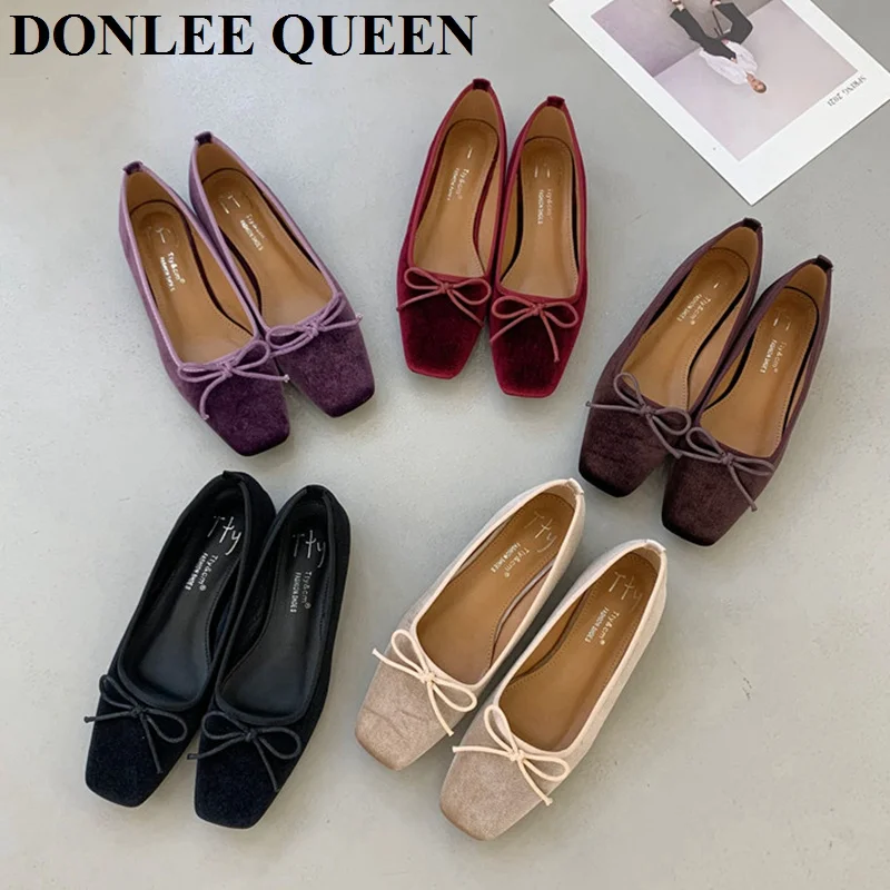 2024 New Autumn Fashion Flat Ballet Shoes Female Bow Knot Shallow Ballet Square Toe Female Ballerina Soft Moccasin Zapatos Mujer