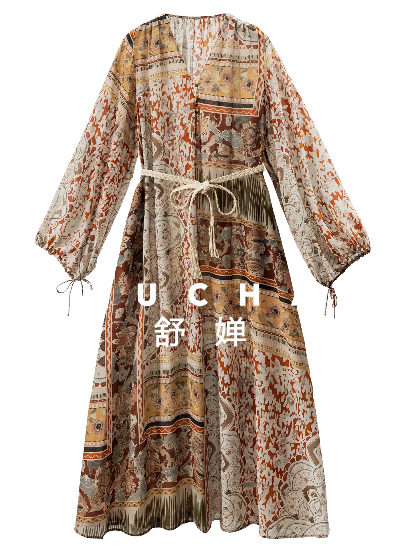 

2026 Summer dresses Exotic Vacation Style Ethnic Style Printing Natural Silk Double Crepe Lantern Sleeve Dress Women 08K8