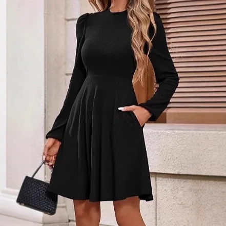 

Women's Long Sleeved 2025 Autumn Round Neck Knitted Soft A-line Flowing Dress with Pockets