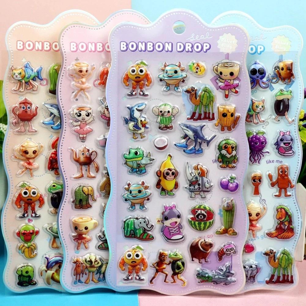 4pcs Italian Brainrot 3D Relief Stickers Tung Tung Tung Sahur Funny Animal Bubble Decals Toys Waterproof Cute DIY Phone Diary S image 2