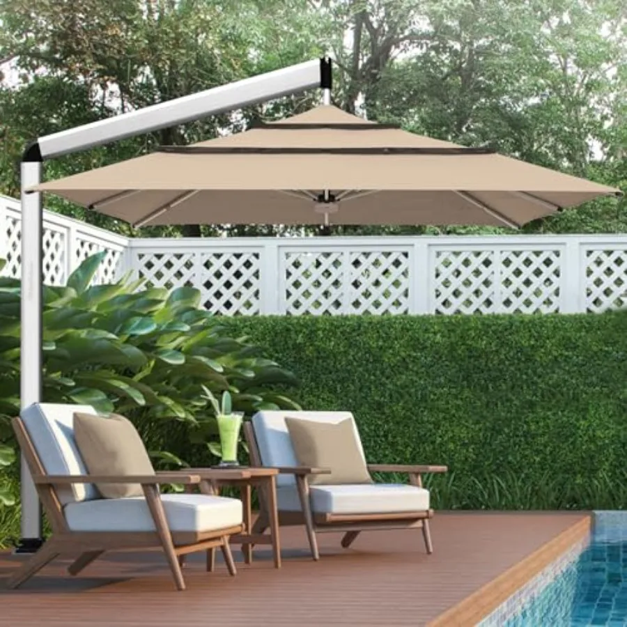 

USA 3-Tier 10x Full Aluminum Cantilever Patio Umbrella for Outdoor Restaurant Garden Courtyard Deck Pool and Marketing with Lig