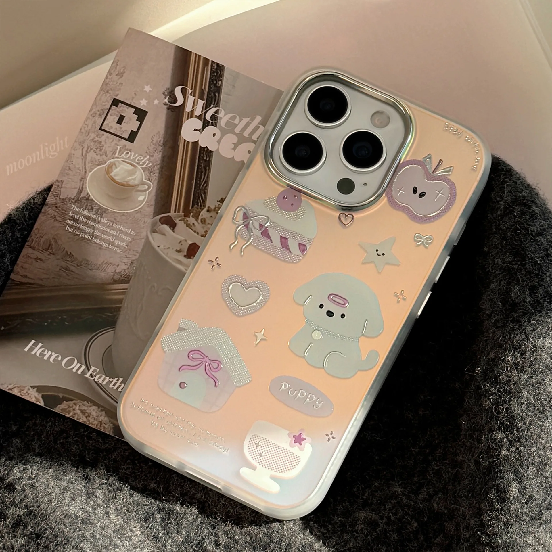 Koreanische Vergoldung Cartoon Dessert Welpen Laser Überzug Telefon Fall Für iPhone 16 15 14 13 12 Pro Max stoßfest Schutzhülle Hard Cover