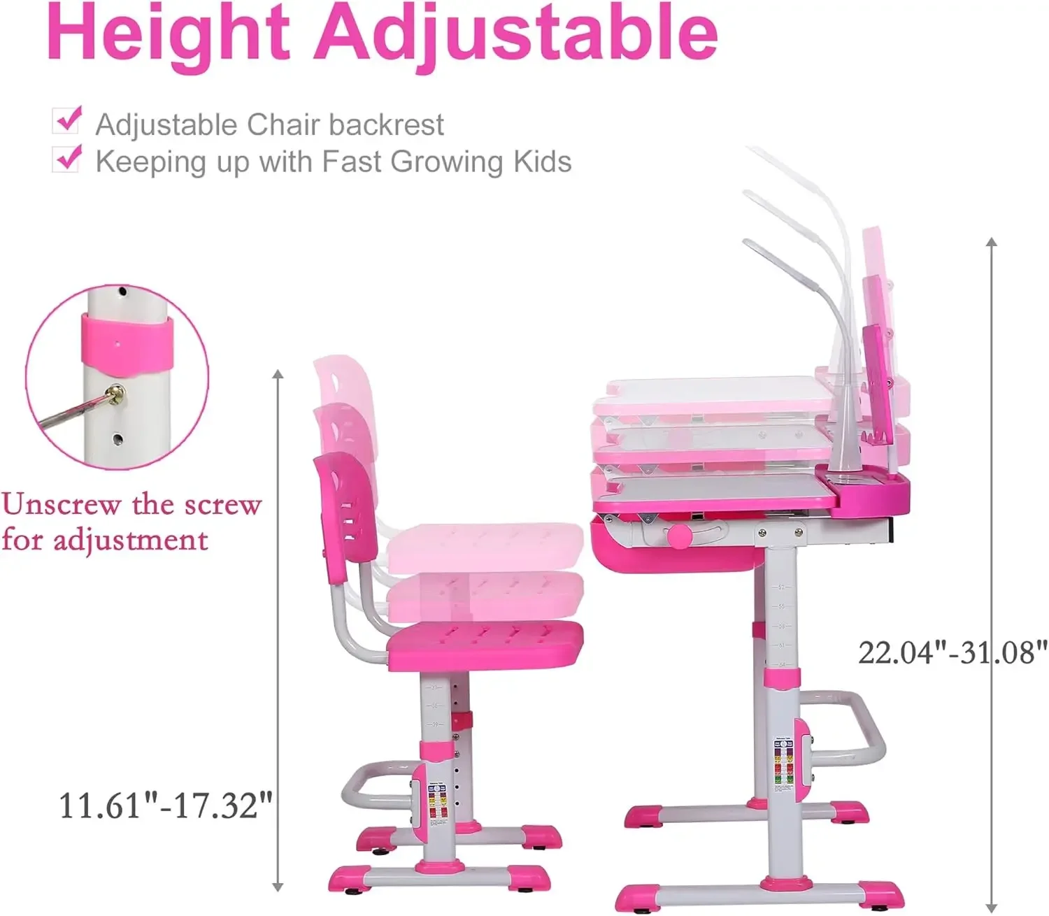 Desk and Chair Set, Height Adjustable Child's School Study Writing Tables with Tilt Desktop, LED Light, Storage Drawer, Boo