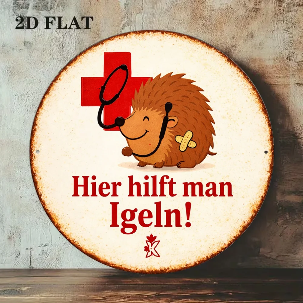 1pc 8*8In/20X20Cm 2D Flat Round Sign, Vintage Plaque about Cute Hedgehog Medical Rescue, Animal Clinic Theme Decorative Sign, Su